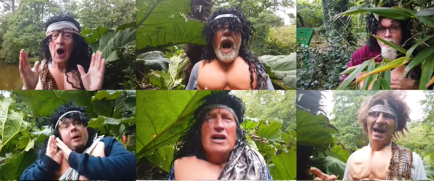 A group of six men singing in the bushes